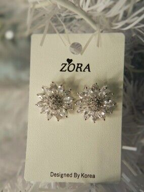Zora Silver Crystal Floral Stud Earrings - Clear Silver Sparkle